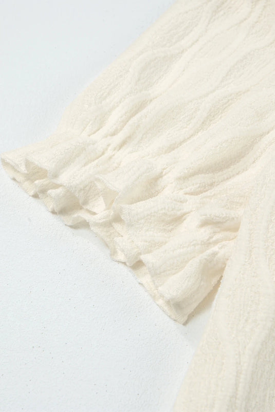 DLLS335 - Ladies White Solid Color Textured Notched Neck Puff Sleeve Blouse
