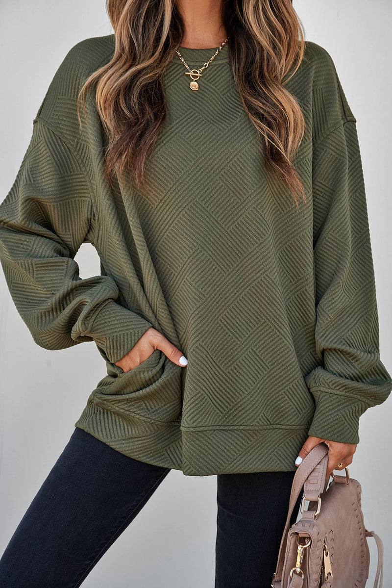 Load image into Gallery viewer, DLLS1133 - Ladies Green Textured Round Neck Drop Shoulder Pullover Sweatshirt

