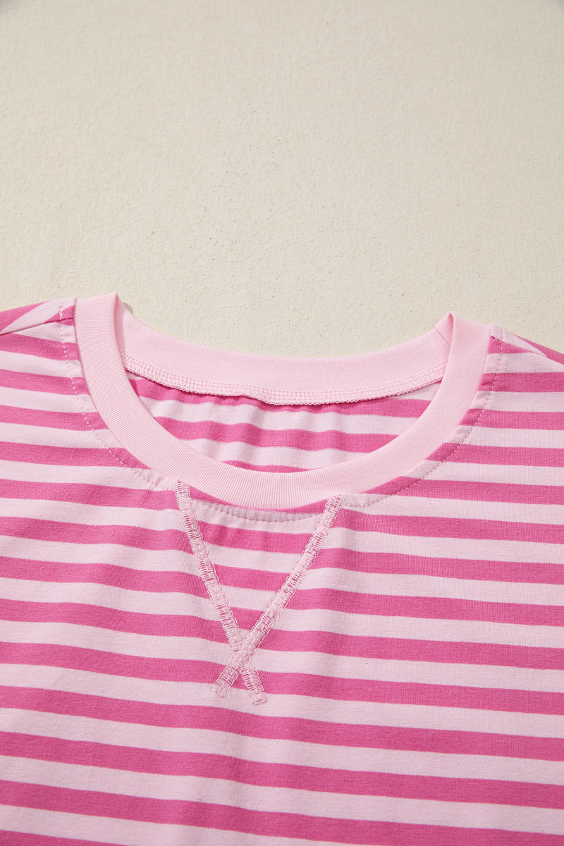 Load image into Gallery viewer, DLLS619 - Ladies Pink Stripe Cap Sleeve Tee Elastic Waist Shorts 2pcs Outfit
