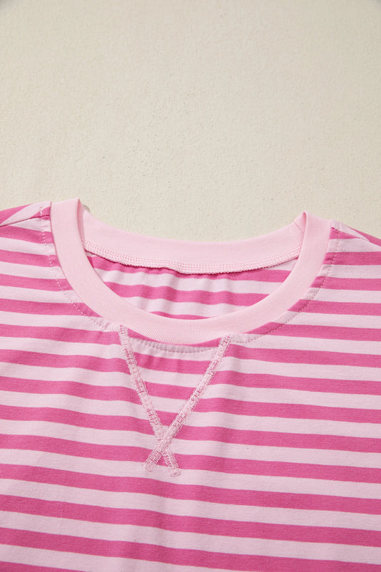 DLLS619 - Ladies Pink Stripe Cap Sleeve Tee Elastic Waist Shorts 2pcs Outfit
