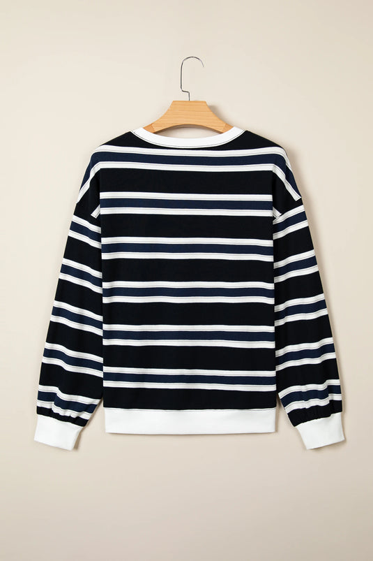 DLLS968 - Ladies Blue Stripe Ribbed Color Block Trim Round Neck Dropped Shoulder Sweatshirt