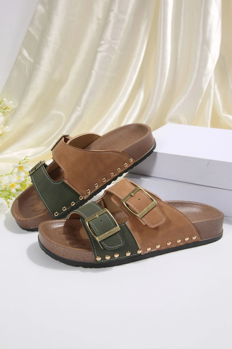 Load image into Gallery viewer, DLLSHOE 102 - Blackish Green Retro Buckle Cutout Straps PU Leather Studded Slippers
