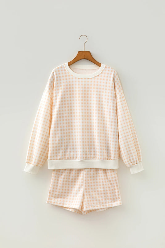 DLLS770 - Ladies Yellow Plaid Baggy Pullover Drawstring Casual Shorts 2pcs Outfit