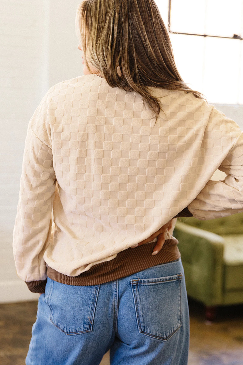 Load image into Gallery viewer, DLLS835 - Ladies Parchment Plush Checkered Contrast Twisted Rib Patchwork Blouse
