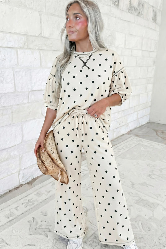 DLLS897 - Ladies Beige Polka Dot Half Sleeve Loose Top Elastic Waist Casual Pants Set