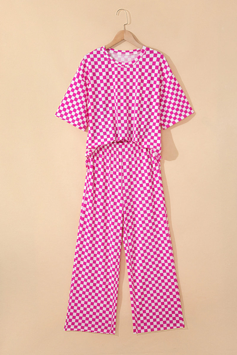 Load image into Gallery viewer, DLLS994 - Ladies Rose Checkered Print Half Sleeve Tee 2pcs Lounge Pant Set
