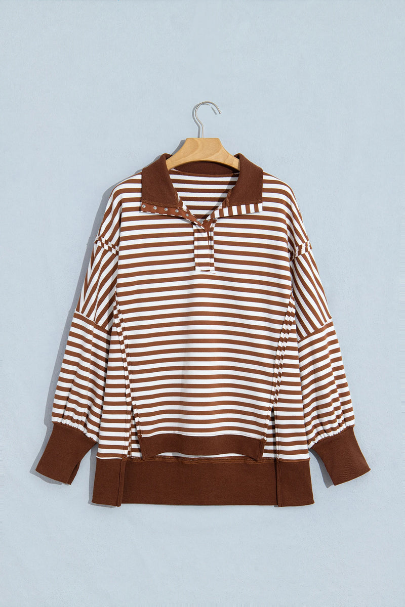 Load image into Gallery viewer, DLLS1087 - Ladies Brown Stripe Color Block Trim Raw Seam Split Hem Loose Pullover Sweatshirt

