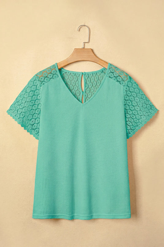 DLLS676 - Ladies Mint Green Lace Splicing Button Cutout V Neck Waffle Knit Blouse