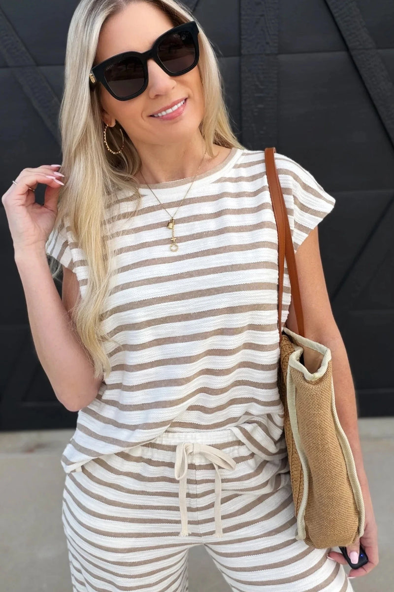 Load image into Gallery viewer, DLLS695 - Ladies Khaki Stripe Cap Sleeve Tee Drawstring Shift Pants 2pcs Outfit
