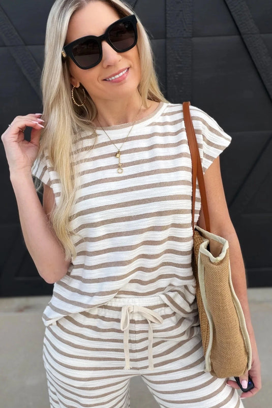 DLLS695 - Ladies Khaki Stripe Cap Sleeve Tee Drawstring Shift Pants 2pcs Outfit