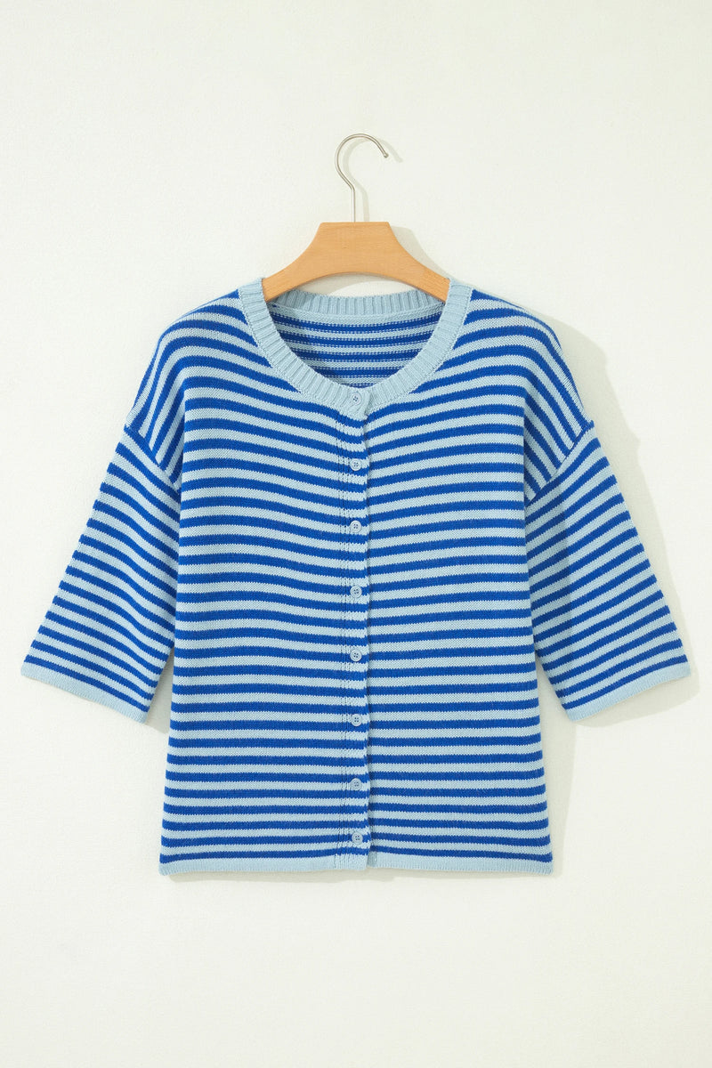 Load image into Gallery viewer, DLLS762 - Ladies Blue Stripe Loose Half Sleeve Knit Button Down Sweater Cardigan
