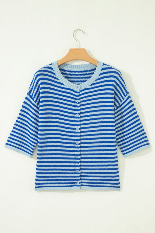 DLLS762 - Ladies Blue Stripe Loose Half Sleeve Knit Button Down Sweater Cardigan