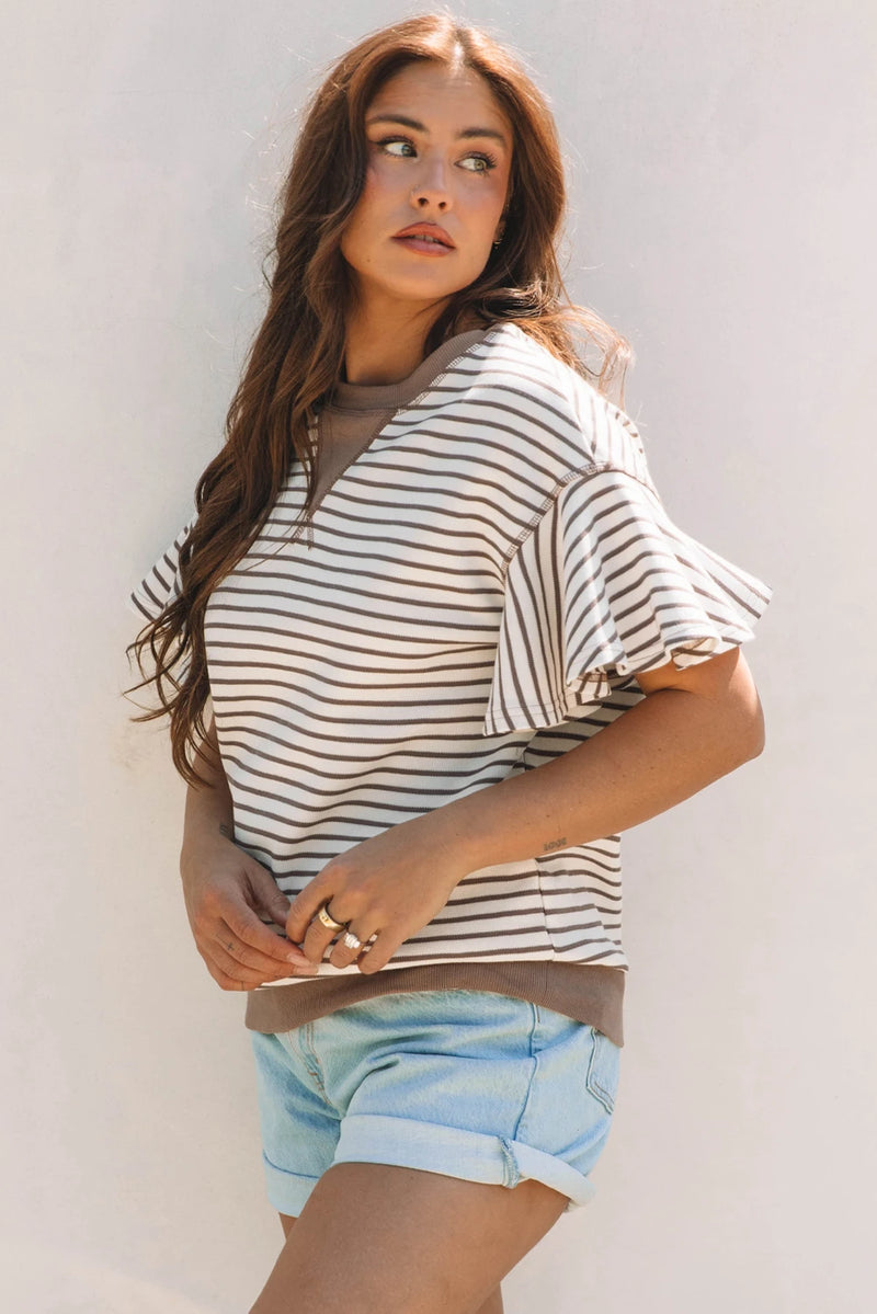 Load image into Gallery viewer, DLLS496 - Ladies Parchment Contrast Detail Striped Ruffle Short Sleeve Top
