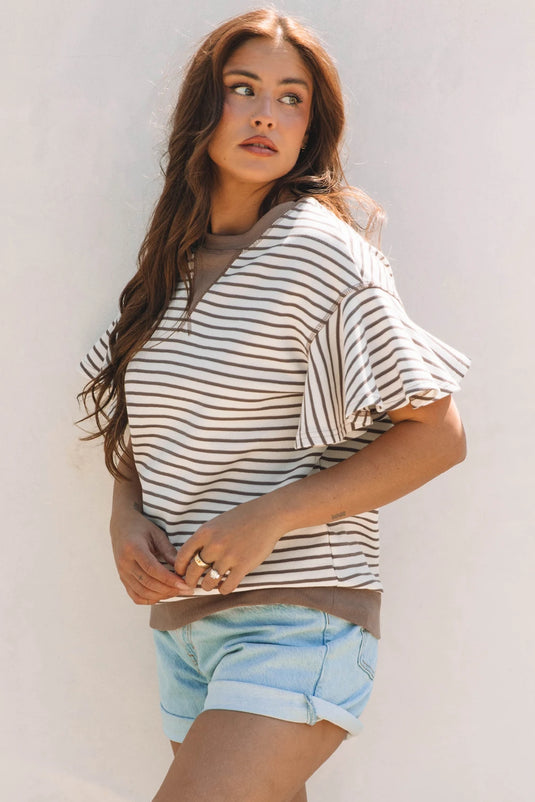 DLLS496 - Ladies Parchment Contrast Detail Striped Ruffle Short Sleeve Top