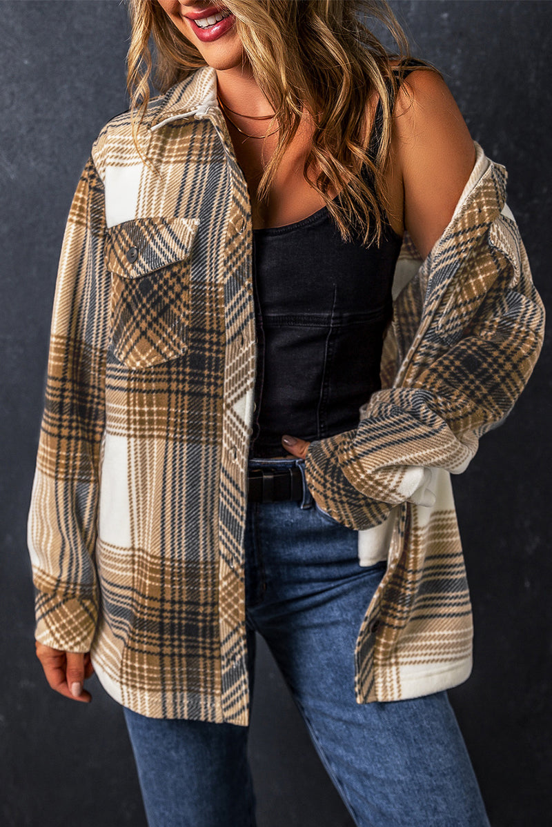 Load image into Gallery viewer, DLLS107 - Ladies Multicolour Plaid Print Flap Pocket Button Up Shacket
