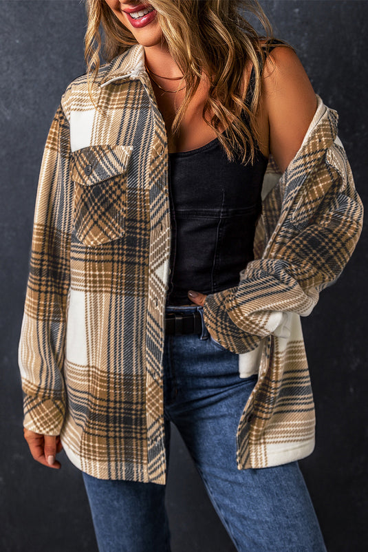 DLLS107 - Ladies Multicolour Plaid Print Flap Pocket Button Up Shacket