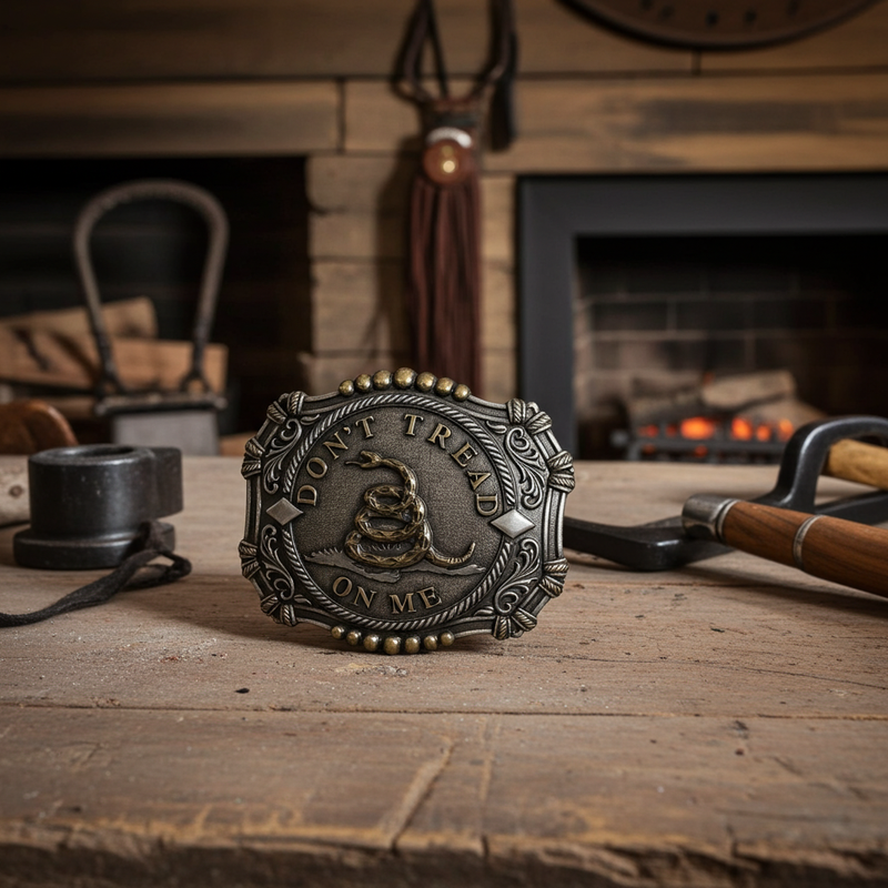 Load image into Gallery viewer, RLB012 - RockinLeather Antique Silver/Gold Don&#39;t Tread On Me Belt Buckle
