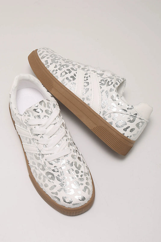 DLLSHOE 95 - Silvery Metallic Leopard Print Lace Up Flat Shoes