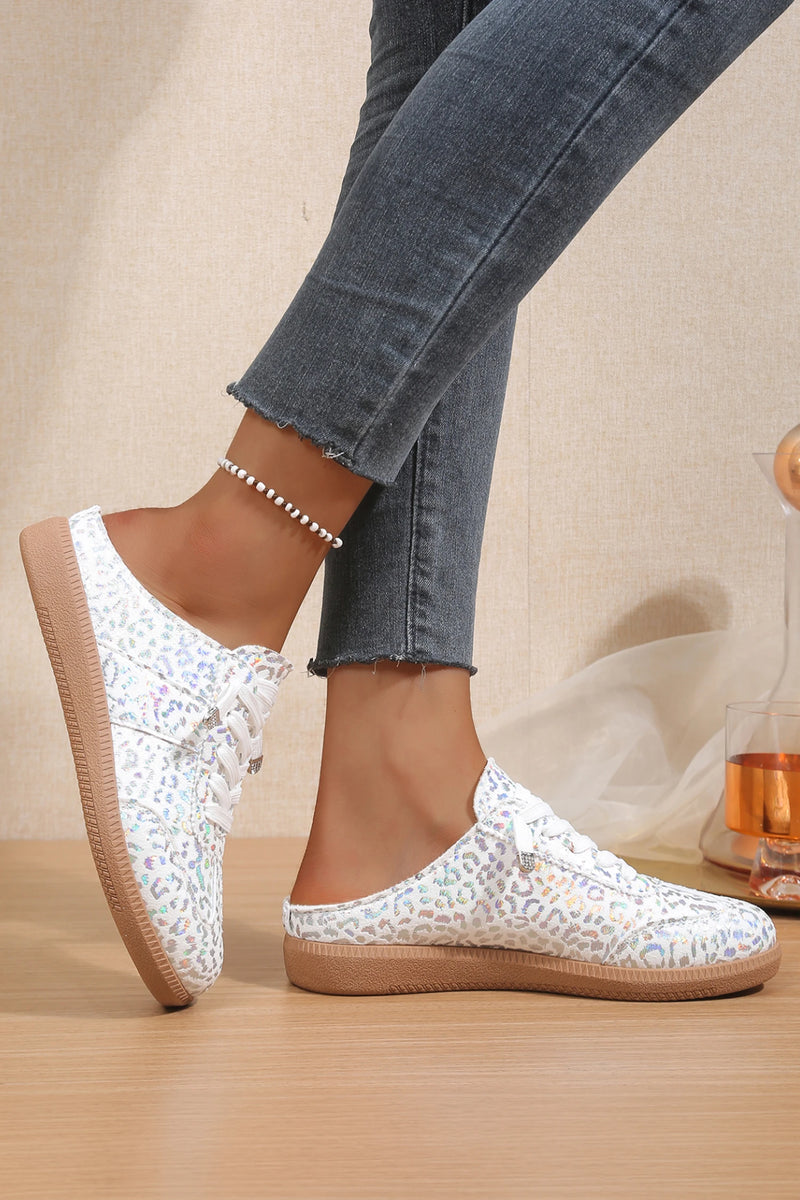 Load image into Gallery viewer, DLLSHOE 87 - White Shiny Leopard Print Lace Up Slip On Shoes

