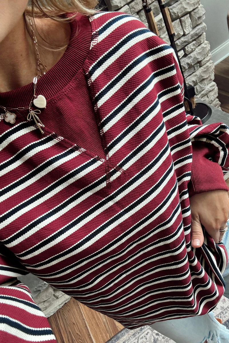 Load image into Gallery viewer, DLLS1022 - Ladies Red Stripe Dropped Shoulder Long Puff Sleeve Top
