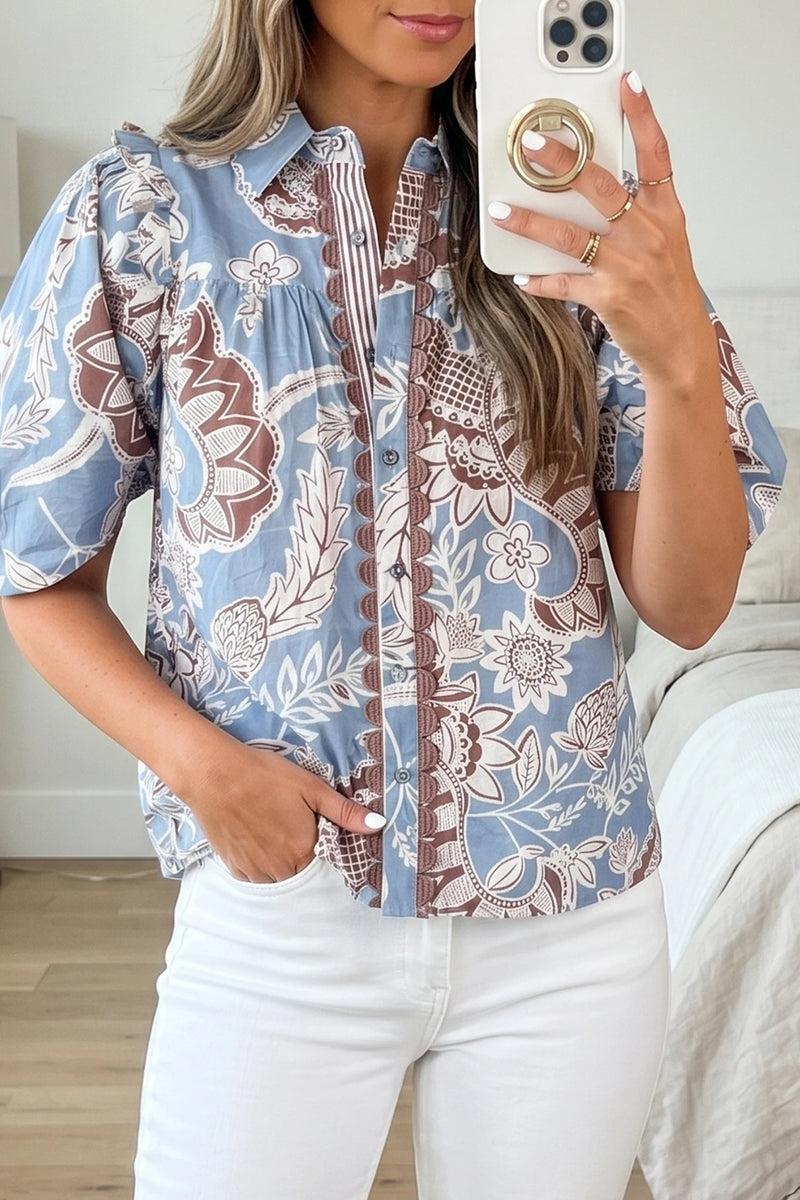 Load image into Gallery viewer, DLLS670 - Ladies Sky Blue Boho Floral Print Scalloped Trim Button-Down Short Sleeve Shirt
