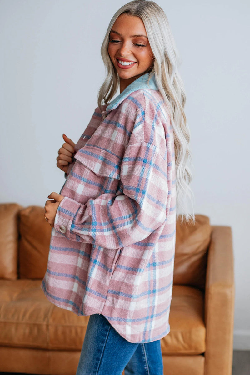 Load image into Gallery viewer, DLLS907 - Ladies Pink Plaid Print Color Block Collared Flap Pockets Loose Shacket
