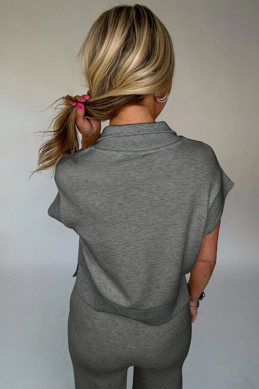 DLLS938 - Ladies Gray Half Zip Polo Tee Casual Pant Set