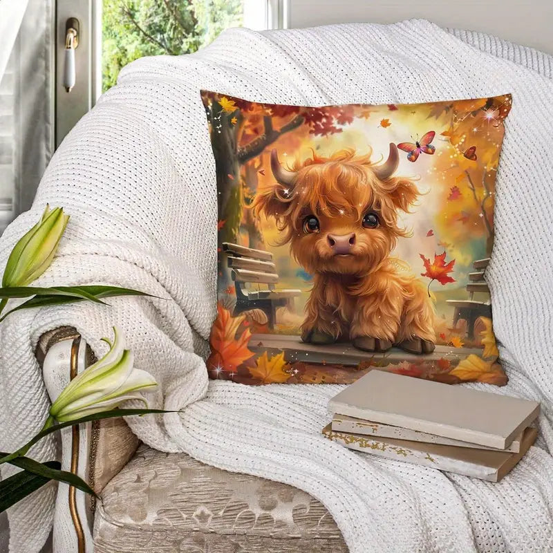 Load image into Gallery viewer, TMPL51 - Set of 2 - 18&quot; x 18&quot; Fall Young Highland Cow Throw Pillows
