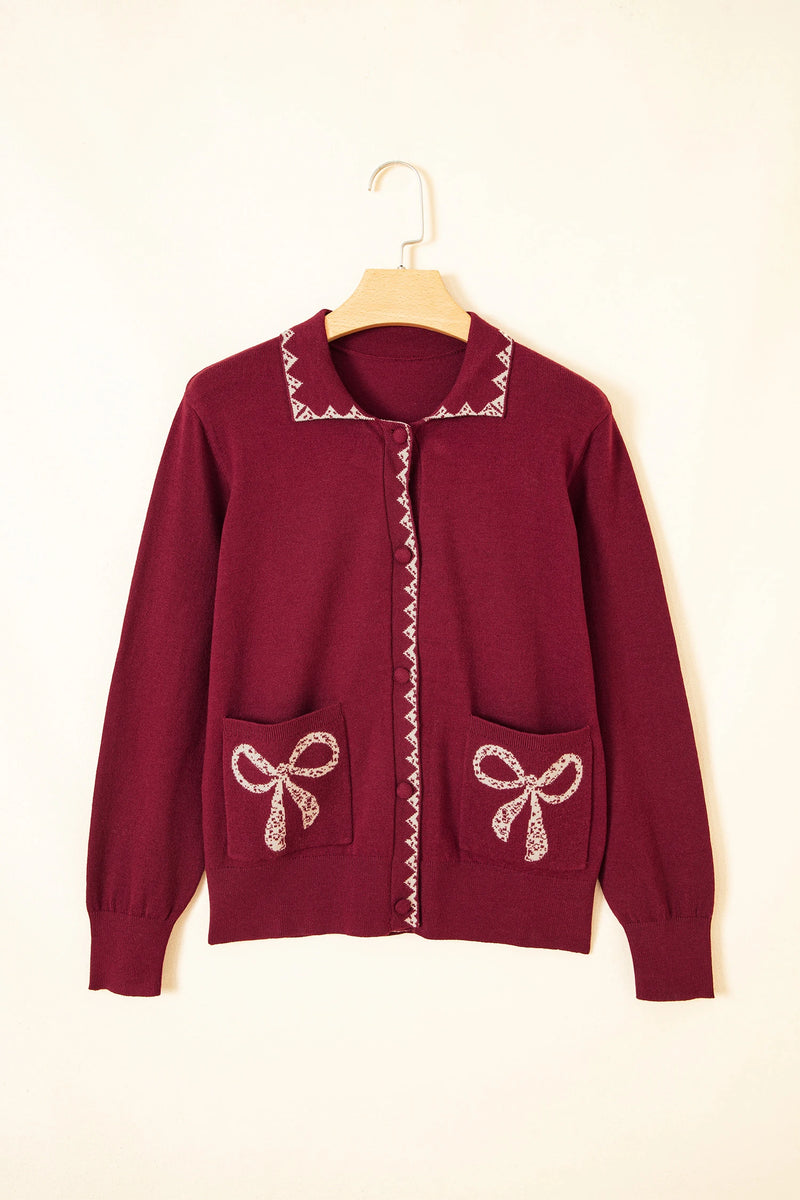 Load image into Gallery viewer, DLLS1009 - Ladies Burgundy Bow Pocket Collar Long Sleeve Knit Cardigan
