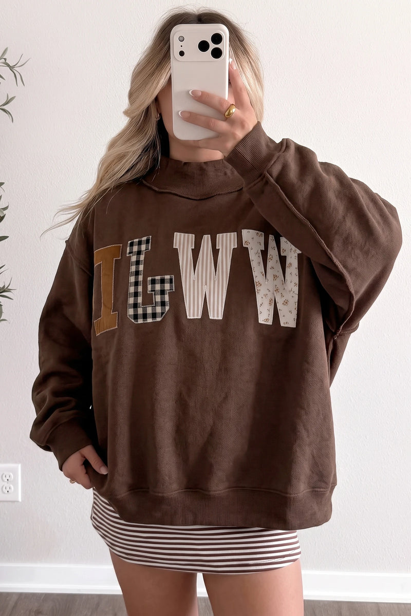 Load image into Gallery viewer, DLLS1139 - Ladies Coffee WWJD Pattern Embroidered Patch Graphic Mock Sweatshirt
