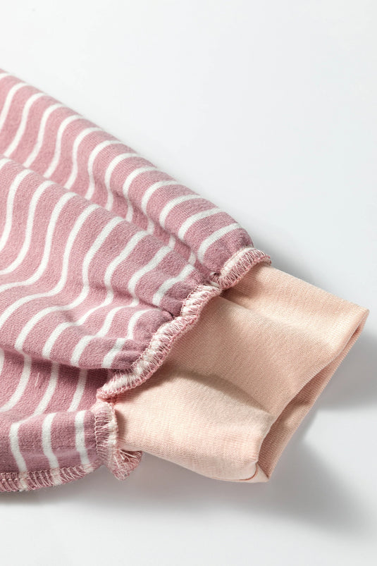 DLLS313 - Ladies Pink Stripe Exposed Stitching Patchwork Casual Long Sleeve Top