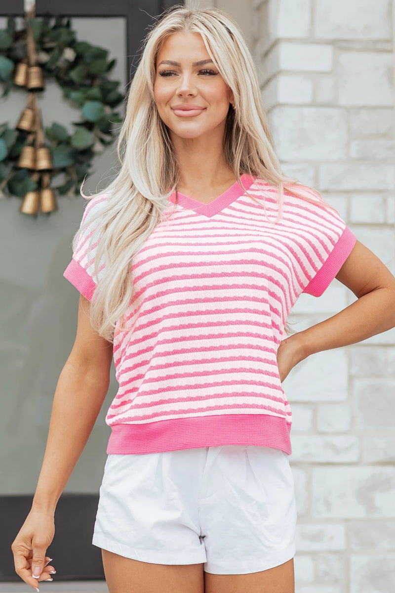 Load image into Gallery viewer, DLLS458 - Ladies Pink Stripe Textured Knit Contrast Trim V Neck Short Sleeve Top
