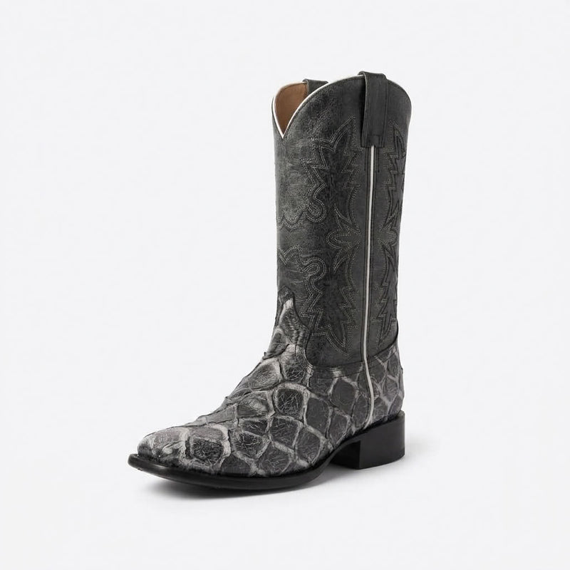 Load image into Gallery viewer, CP5013 - Cowboy Prayer Hand Crafted Blk/Wht/Grey Pirarucu Print Cowboy Boots
