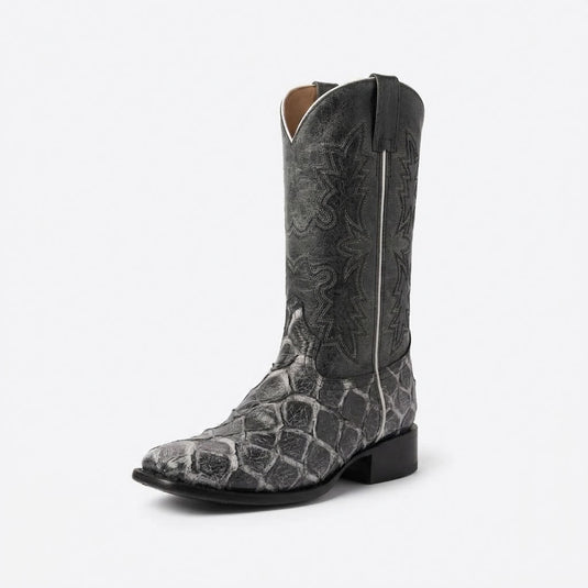 CP5013 - Cowboy Prayer Hand Crafted Blk/Wht/Grey Pirarucu Print Cowboy Boots