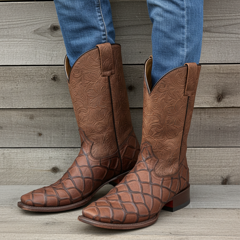 Load image into Gallery viewer, CP1709 - Cowboy Prayer Chocolate Pirarucu Print Cowboy Boots
