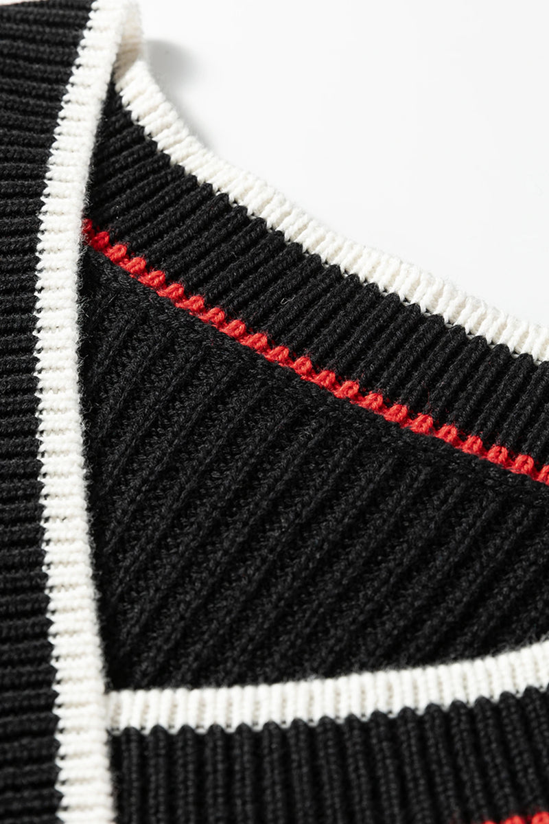 Load image into Gallery viewer, DLLS197 - Ladies Black Contrast Striped Trim V Neck Drop Shoulder Sweater
