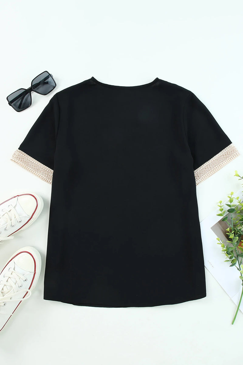 Load image into Gallery viewer, DLLS491 - Ladies Black Lace Trim V Neck Short Sleeve Blouse
