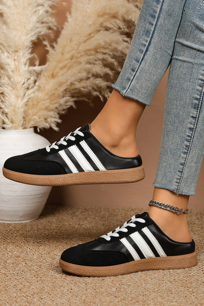 Load image into Gallery viewer, DLLSHOE 149 - Color Black PU Leather Color Block Varsity Lace Up Flat Shoes

