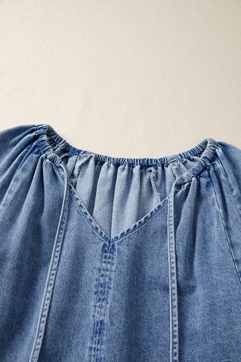 Load image into Gallery viewer, DLLS564 - Ladies Myosotis Puff Sleeve V Neck Ruffled Loose Denim Mini Dress
