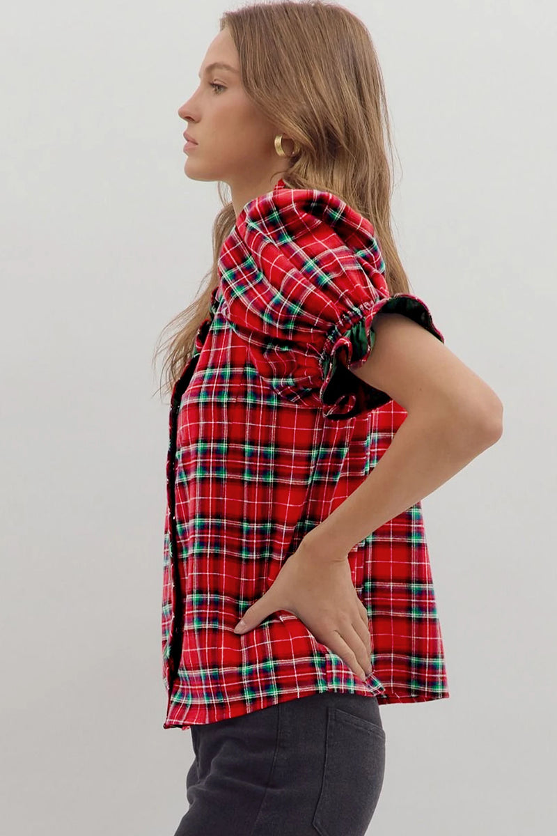 Load image into Gallery viewer, DLLS856 - Ladies Red Plaid V Neck Ruffle Color Block Trim Short Sleeve Shirt
