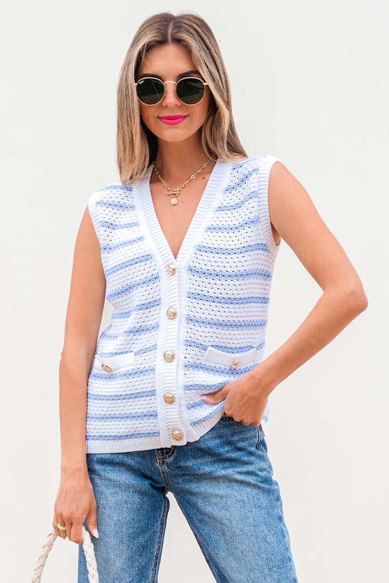 Load image into Gallery viewer, DLLS459 - Ladies Sky Blue Stripe V Neck Gold Buttons Elegant Sweater Vest
