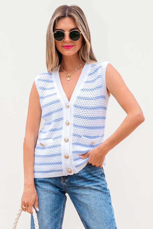 DLLS459 - Ladies Sky Blue Stripe V Neck Gold Buttons Elegant Sweater Vest
