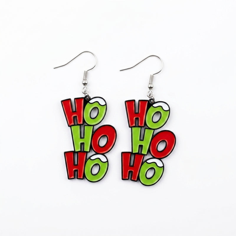 Load image into Gallery viewer, DLLER34 - Ladies Green HO HO HO Dangle Christmas Earrings
