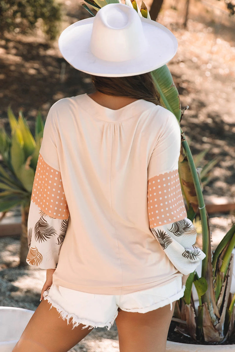 Load image into Gallery viewer, DLLS321 - Ladies Jet Stream Palm Leaves Polka Dot Puff Sleeve Patchwork V Neck Loose Blouse
