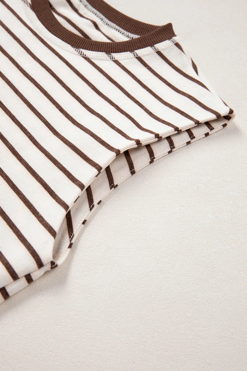 Load image into Gallery viewer, DLLS448 - Ladies Brown Stripe Ribbed Round Neck Trim Loose Tank Top
