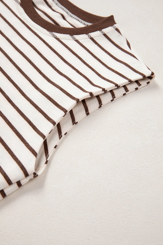 DLLS448 - Ladies Brown Stripe Ribbed Round Neck Trim Loose Tank Top