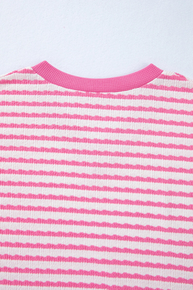 Load image into Gallery viewer, DLLS458 - Ladies Pink Stripe Textured Knit Contrast Trim V Neck Short Sleeve Top
