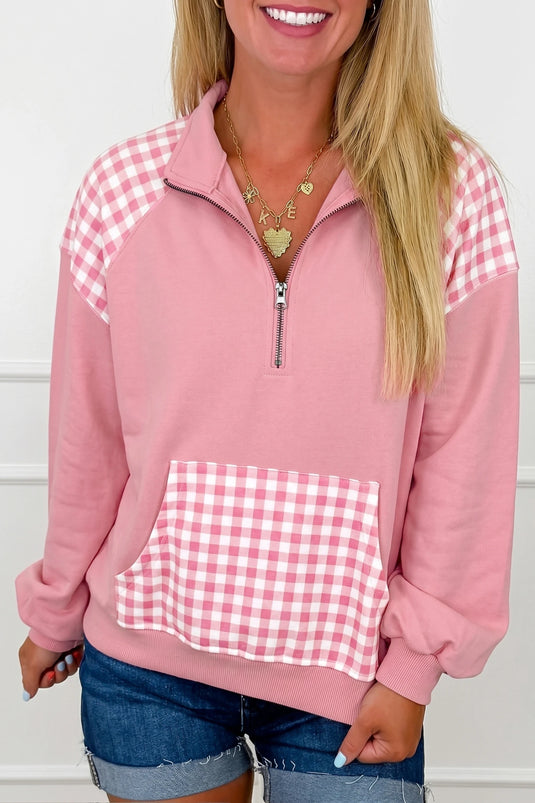 DLLS1112 - Ladies Pink Patchwork Plaid Pocket Quarter Zip Sweatshirt