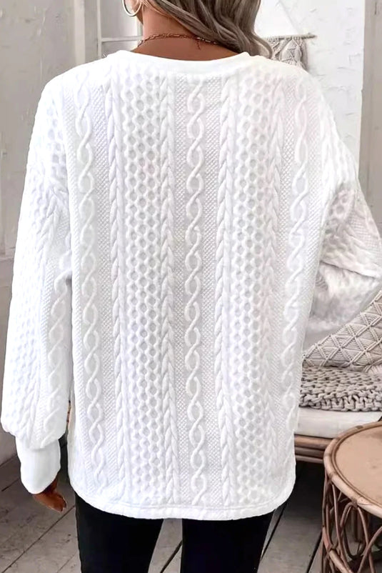 DLLS230 - Ladies White Solid Color Textured V Neck Drop Shoulder Knit Top