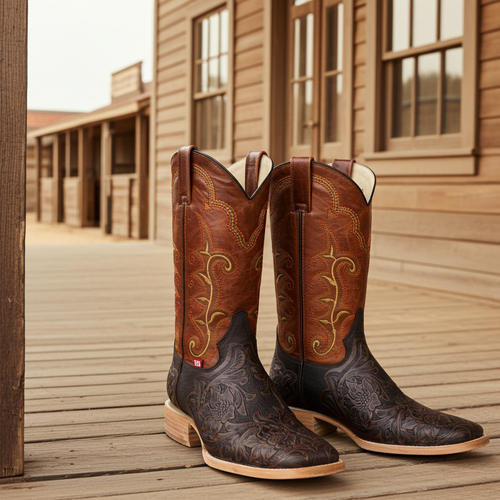 1190 - RockinLeather Men's Stamped Cowhide Leather Boot